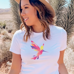 Womens beautiful hummingbird T-shirt, bird in flight, abstract design, bird T-shirt, new for 2023, gift for bird lover