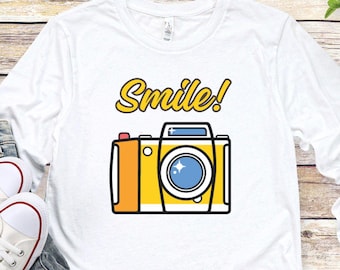Maglietta a maniche lunghe con macchina fotografica, maglietta con sorriso, macchina fotografica sorridente, maglietta per fotografi, maglietta per fotografi, regalo per fotografi