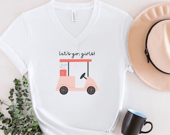 ORIGINAL Lets go girls golf V-neck T-shirt, golf T-shirt, golf girls, new for 2023, cute golf shirt, gift for golfer, golf cart