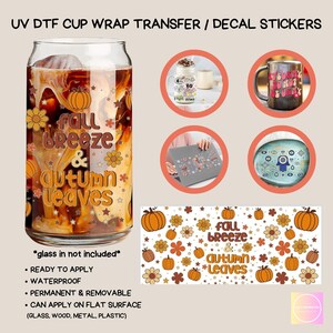 Herbst Brise & Herbstlaub UVDTF Cup Wrap Transfer für 16 oz Glas, bereit zum Anbringen von wasserdichten Herbst Aufkleber Aufklebern, Transfers zum Basteln