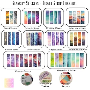 Puede incluir: Una colección de pegatinas sensoriales de tiras fidget con varios diseños, incluyendo "Sun & Waves" y "Galactic Stars". La imagen también muestra pegatinas con etiquetas como "Easy Peel", "Water-Drop Texture" y "Granular Texture".