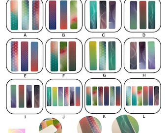 May include: Twelve different sets of sensory stickers for fidgeting. Each set has three strips with different textures and color gradients. The textures are easy peel, water-drop, and granular.