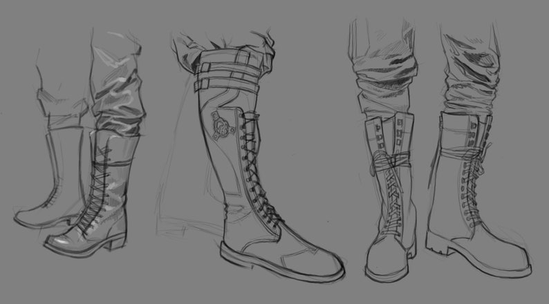 May include: Three pairs of black leather boots with laces. The boots are knee-high and have a thick sole.