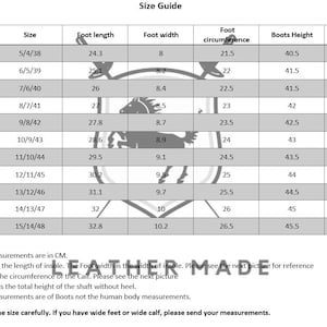May include: A size guide chart for boots featuring a table with columns for US, UK, and EU sizes, foot length, foot width, foot circumference, boots height, and boots calf measurements in centimeters, with a horse emblem and the text LEATHER MADE.