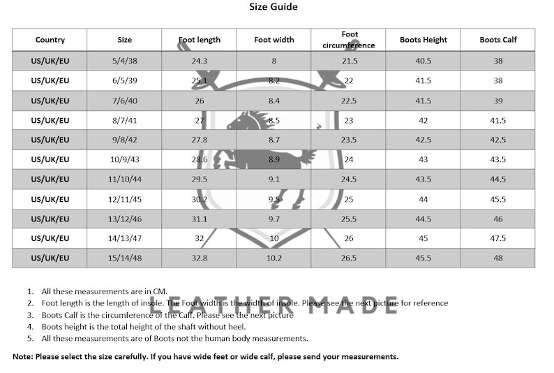May include: A size guide chart for boots featuring a table with columns for US, UK, and EU sizes, foot length, foot width, foot circumference, boots height, and boots calf measurements in centimeters, with a horse emblem and the text LEATHER MADE.