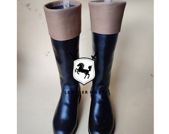 Ridding Boots, Revolutionary War Colonial Natural Calf Riding Boot, Long Leather Boots, Color Black with Natural Leather folded calf Top.