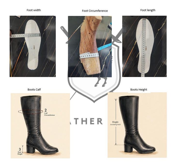 K&ouml;nnte beinhalten: Eine Messanleitung f&uuml;r schwarze Lederstiefel mit f&uuml;nf Feldern. Die oberen Felder zeigen ein wei&szlig;es Fu&szlig;bett, das in Breite und L&auml;nge gemessen wird, sowie einen h&ouml;lzernen Schuhleisten mit Umfangsmessung. Die unteren Felder zeigen schwarze Stiefel mit Waden- und H&ouml;henangaben.