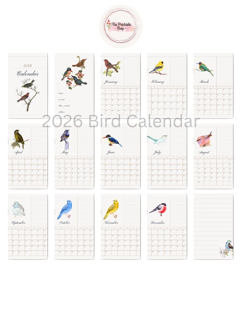 Bird Lovers 12 Month Printable Calendar Download! Stationery Included ...