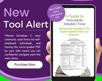 May include: A smartphone displaying a guide to mastering the Schedule C form for new tax preparers. The guide is titled "Unlocking the Schedule C: The Insider's Guide for New Tax Preparers".