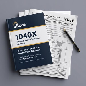 May include: An eBook titled "1040X" with the text "Completed Up Servsiow Mocktup" and "A Pentalv Tax & Sdve Fosted Tax Octation" is displayed next to a completed 1040-X tax form and a pen.