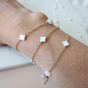 Permanent Jewelry Chain White Pearl Clover 14k Gold Permanent Jewelry Supply Chain Bulk Gold Bracelet Chain Sterling Silver Pearl Chain