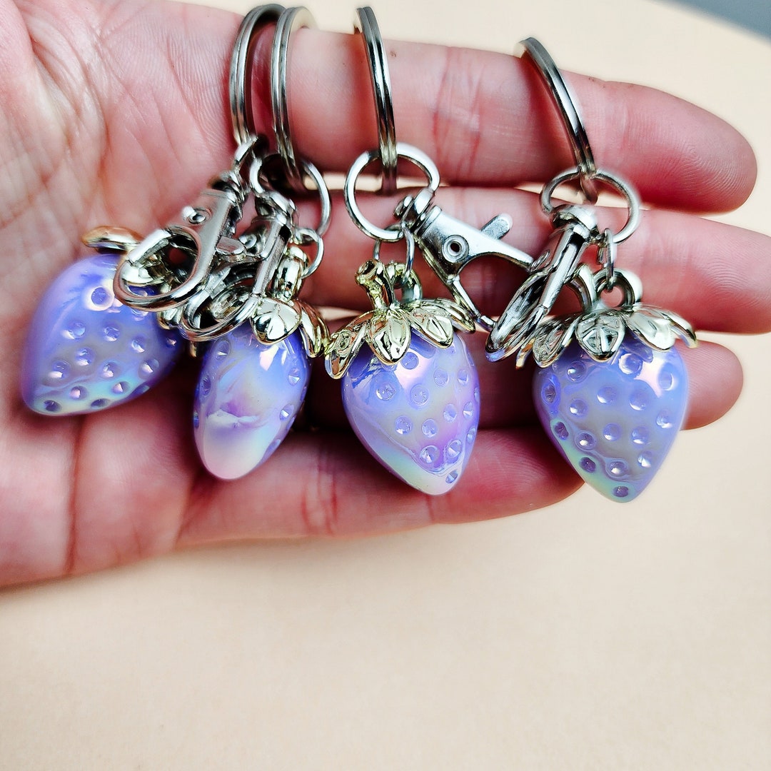 Purple Strawberry Kawaii Keychain Iridescent Bag Charm Fruit Key Holder