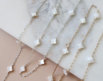 White Pearl Chain Permanent Jewelry Supply Clover Chain 14K Gold Filled Dainty Chain Bulk Supply Mother of Pearl Connector Charm Wholesale