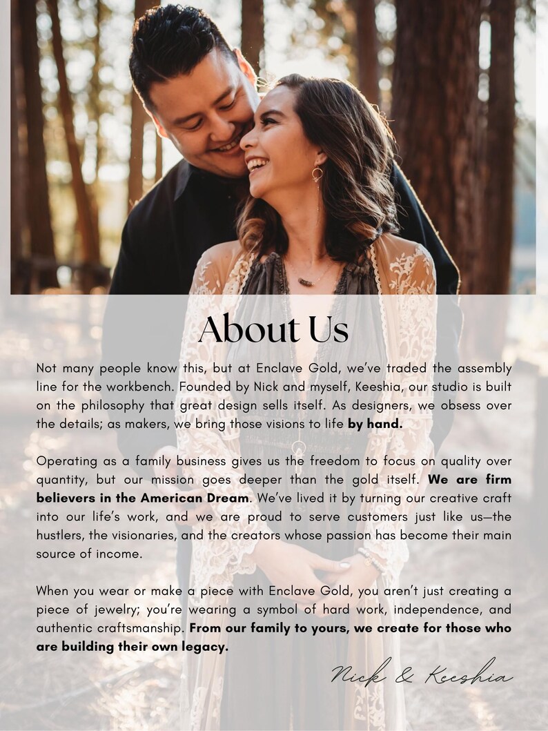 a couple embracing, with the text "About Us" prominently displayed.