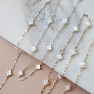 White Pearl Chain Permanent Jewelry Supply Clover Chain 14K Gold Filled Dainty Chain Bulk Supply Mother of Pearl Connector Charm Wholesale