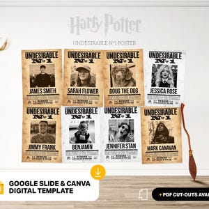 May include: A collection of eight "Undesirable No. 1" posters, inspired by Harry Potter, featuring various individuals' photos and names. The posters have a vintage, aged paper appearance. A golden snitch and a broom are also visible.