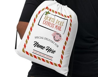 North Pole Express Mail String Bag, North Pole Santa Sack, Personalized Kids Sack, Santa Mail Bag, Pouch for Christmas Treats, Presents Bag
