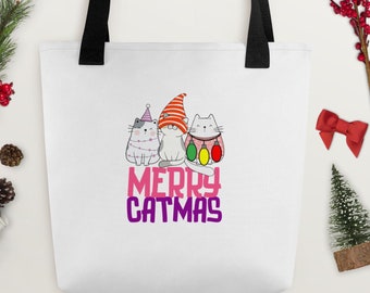 Merry Catmas Tote Bag, Cute Cats Christmas Tote, Christmas Gift Bag, Holiday Tote Bag, Cat Lover Tote, Christmas Party Gift, Cat Xmas Bag