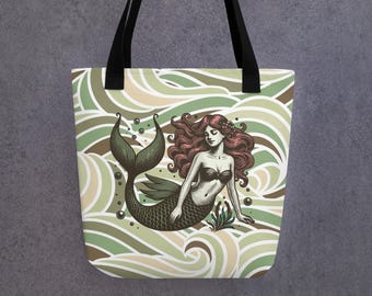 Vintage Mermaid Tote Bag with Green Tone Wave Design, Eco-Friendly, Boho Chic, Mermaid Lover Gift, Beach Bag, Handcrafted, Ocean Lover Gifts