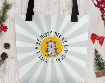 Have a Very Merry Meowy Christmas Tote Bag, Christmas Lights Tote, Christmas Gift Bag Cat Lover Tote, Christmas Party Gift Tote Bag for Xmas