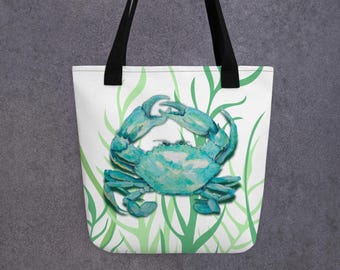 Trendy Ocean Vibes Tote, Ocean Aesthetic Tote, Crab Tote Bag, Coastal Style, Beach Bag, Vibrant Marine Life, Perfect for Summer Adventures