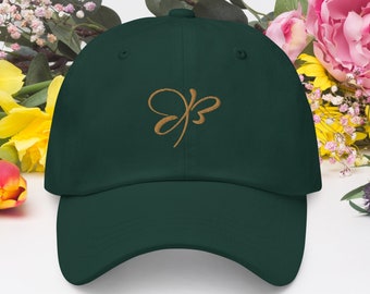 New Custom Designed Black Distressed Baseball Cap w Green Embroidered Butterfly Distressed Butterfly Hand-embroidered Baseball Cap  main image 4