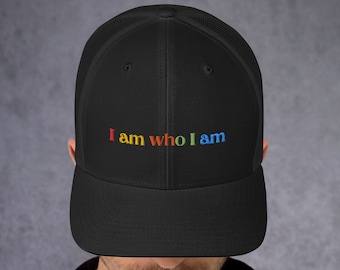 LGBTQ+ rainbow hat I am who I am embroidered hat trucker hat pride cap with colorful letter design for Pride Month hat Pride celebration hat