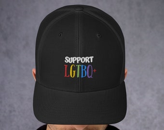 Support LGBTQ+ embroidered Trucker cap Rainbow colored hat for Pride Month Celebration for men and women with colorful LGBTQ+ ally design