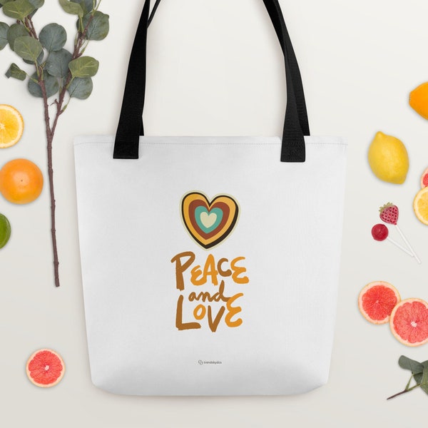 Retro Style tote bag Peace and Love printed tote bag with Retro Heart Design Gift for best Friend Reusable Tote Bag for self care tote bags