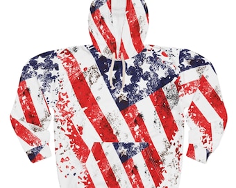 Distressed American Flag All-Over Print Pullover Hoodie, Patriotic 4th of July Pullover Hoodie, American Flag Apparel, Patriotic Apparel