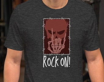 Rock on shirt skeleton shirt unisex tshirt for rock lover gift shirt with colorful skeleton hand design for him her skeleton shirt skull tee