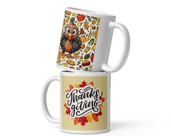May include: Two white ceramic mugs stacked on top of each other. The top mug features a cartoon turkey with fall-themed illustrations. The bottom mug has the words "Happy Thanksgiving" in a decorative font, surrounded by autumn leaves.