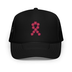 Pink flower ribbon trucker hat for Breast Cancer supporter cap with colorful pink flower ribbon design print for cancer awareness month gift