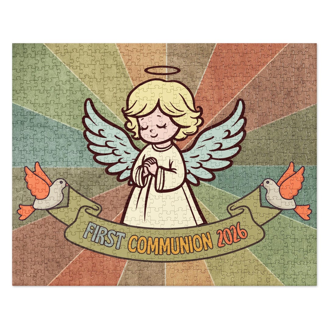 First Communion Jigsaw Puzzle for Kids, Retro Colored Angel With Ribbon ...