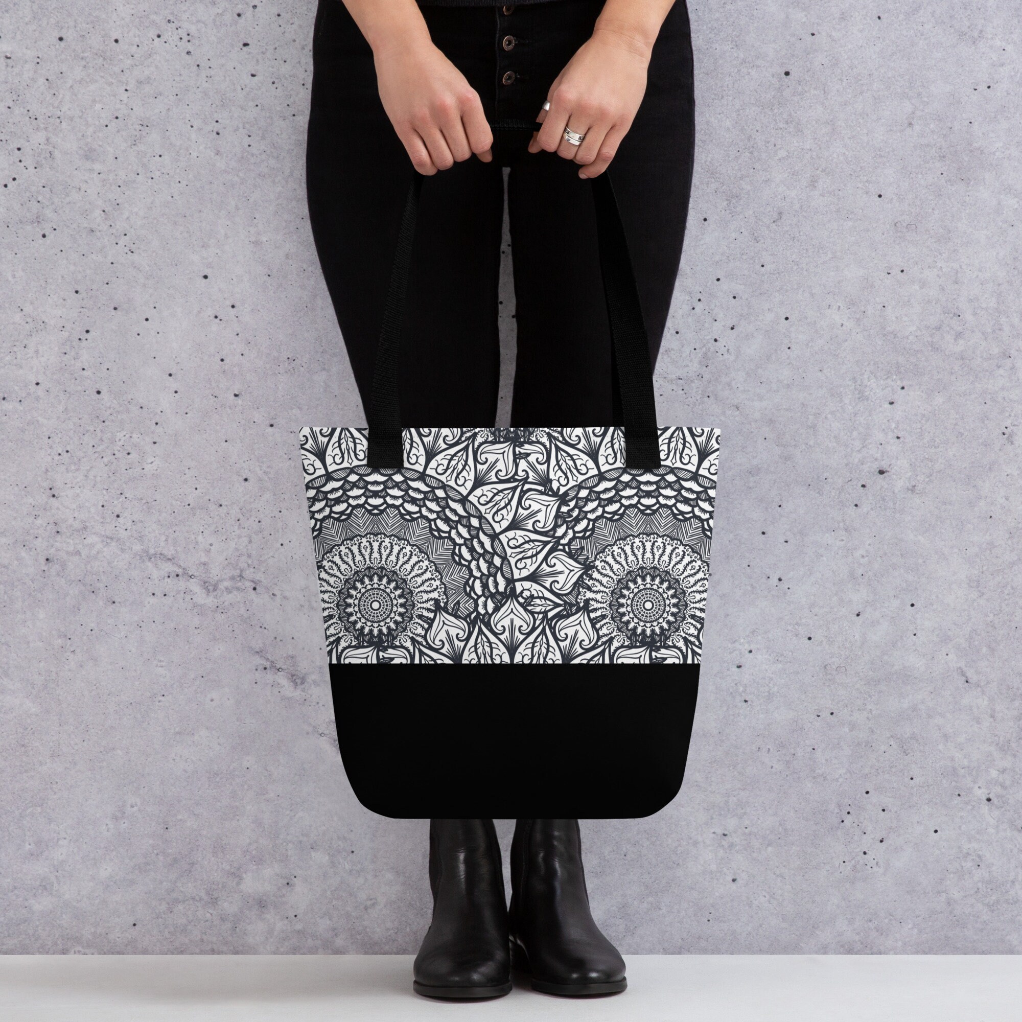 Personalized Tote Mandala Tote Bag With Lotus Mandala Black Tote