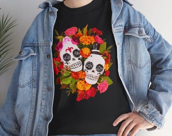 Day of the Dead Sugar Skull T-Shirt, Halloween Shirt, Sugar Skull Shirt, Floral Graphic Tee, Festival Wear, Dia de Muertos Tee, Floral Shirt
