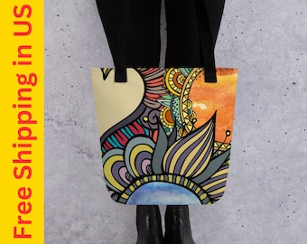 Bohemian Tote Bag, Handmade Canvas Tote, Boho Bag, Eco-Friendly Tote, Vintage Style Bag, Festival Tote, Unique Tote Beach Bag, Art Tote Gift
