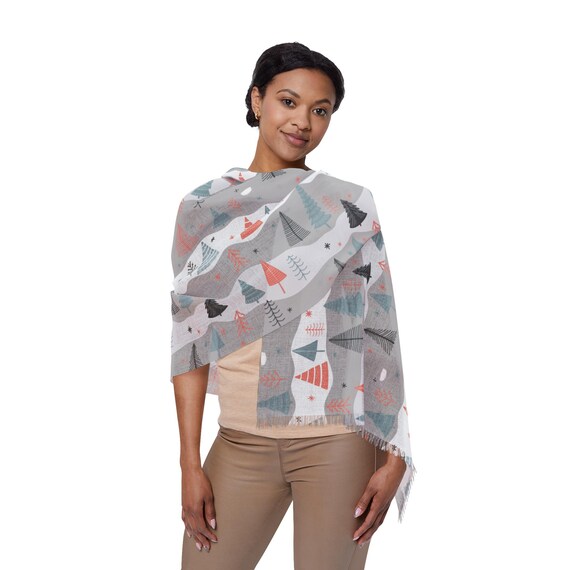 Christmas Tree Pattern Wrap, Festive Holiday Scarf With Multicolor