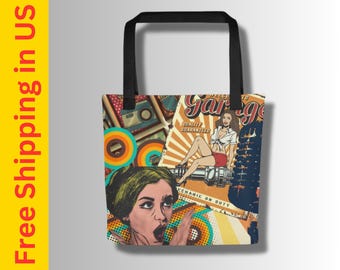Vintage Tote Bag, Painting Bag, Fashion Tote, Vintage Canvas Tote Bag, Retro Beach Bag Colorful Tote Bag, Retro Shopping Bag, Funky Tote Bag