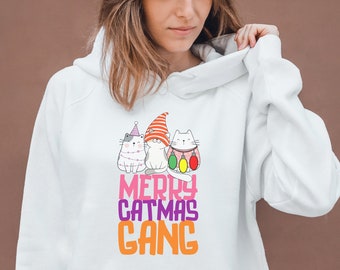 Christmas cat hoodie Merry Catmas Cat Hoodie gift idea for Cat lovers Christmas Hoodie for Women with colorful Cat design Pullover hoodie