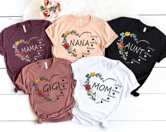 Custom Mom with Kids Names Shirt, Custom Gigi Heart Sweatshirt, Personalized Family T-Shirt, Your Name Floral Heart Sweater