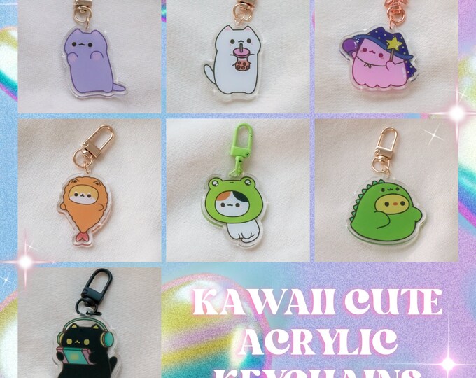 Kawaii Cute Keychains | Purple cat, white boba cat, calico baby kitten, black gaming cat, tempura shiba dog, pink jelly ghost cat, dino bird