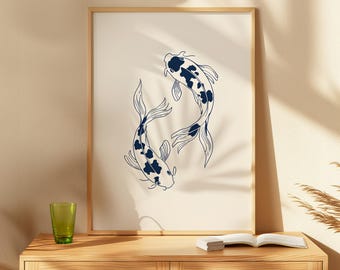 Blauwe koivis poster, Japanse kunstafdruk, zen esthetische muur decor, minimalistische natuur illustratie, feng shui-kunst