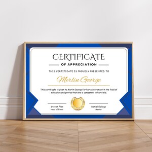 Certificate of Appreciation Template Editable Certificate of Appreciation Custom Gift Certificate Printable, Certificate Recognition Award