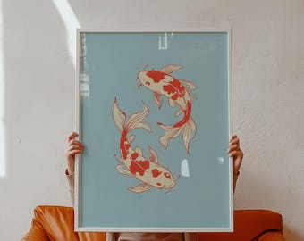 Japanese Koi Fish Poster, Feng Shui Art Print, Zen Inspired Wall Decor, Traditional Asian Artwork, Nature Illustration