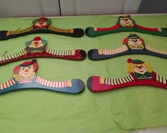 6 Clown Face Wood Hangers/Rare/Unique Collectable/Detachable Wire Metal Hooks/One Missing Hook