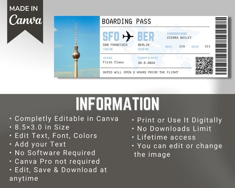 Editable Boarding Pass Template Printable Airline Ticket - Etsy Canada