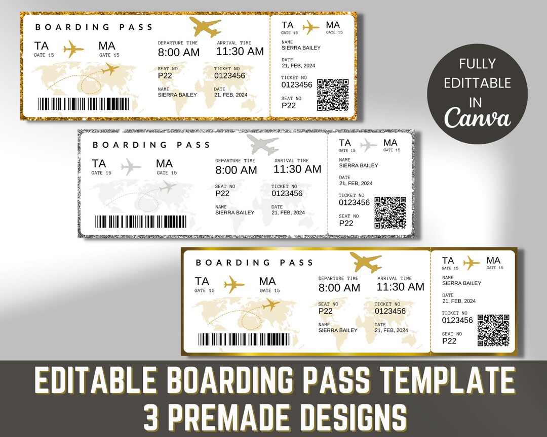 Editable Boarding Pass Template, Printable Airline Ticket, Canva