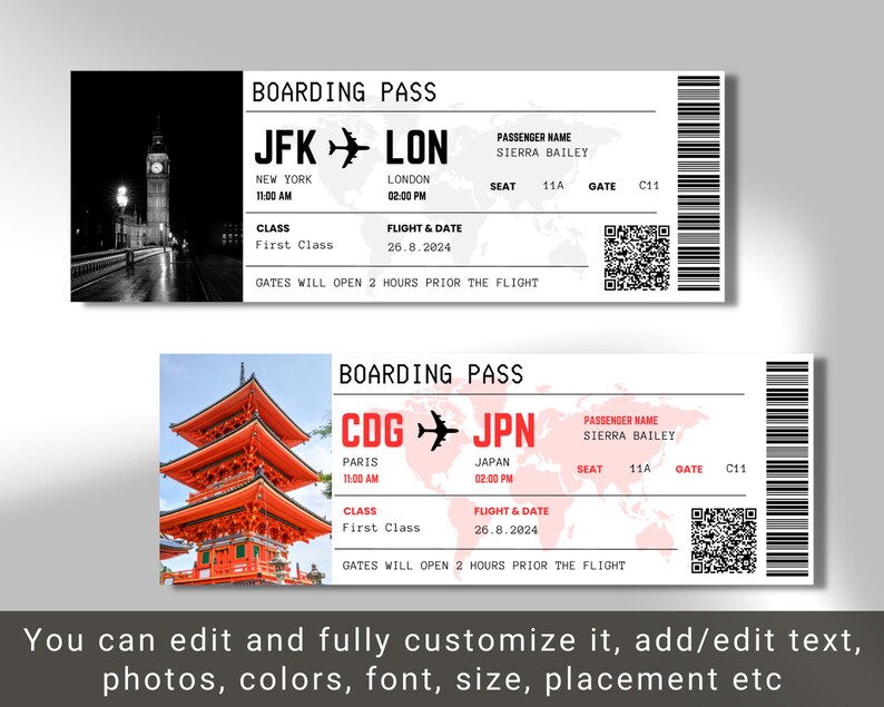 Editable Boarding Pass Template, Printable Airline Ticket, Canva ...