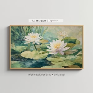 Décoration pour téléviseur Samsung avec cadre jardin d'eau de Japandi | Art numérique floral | Papier peint botanique Serene | Téléchargement d'oeuvres d'art sur la nature | Décoration de style contemporain
